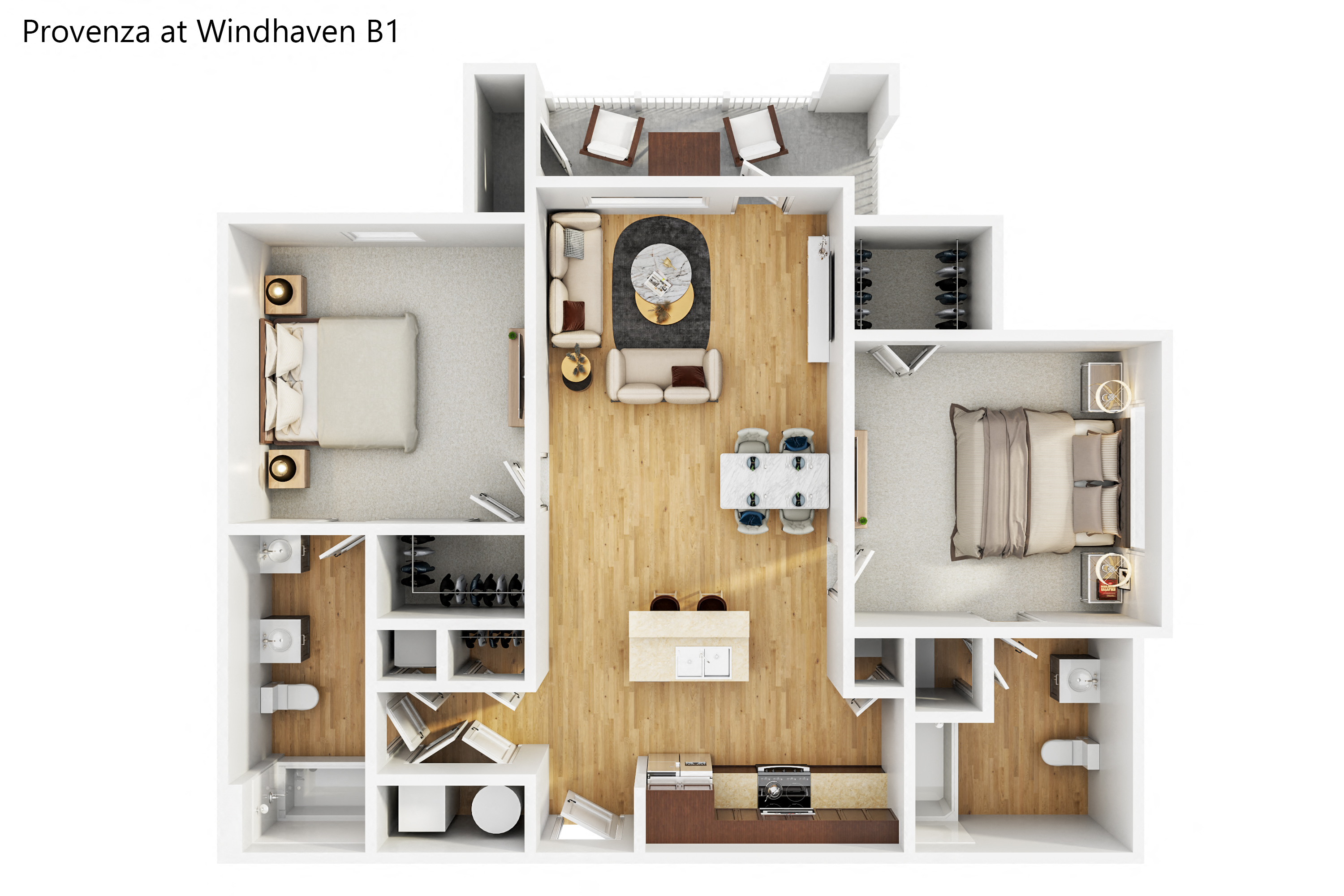 Floor plan for 2 beds, 2 baths, 968 sqft